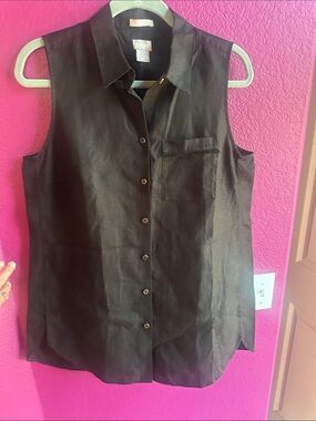 Chico's Sleeveless Black Button-Front Shirt - Classic Collar No Iron